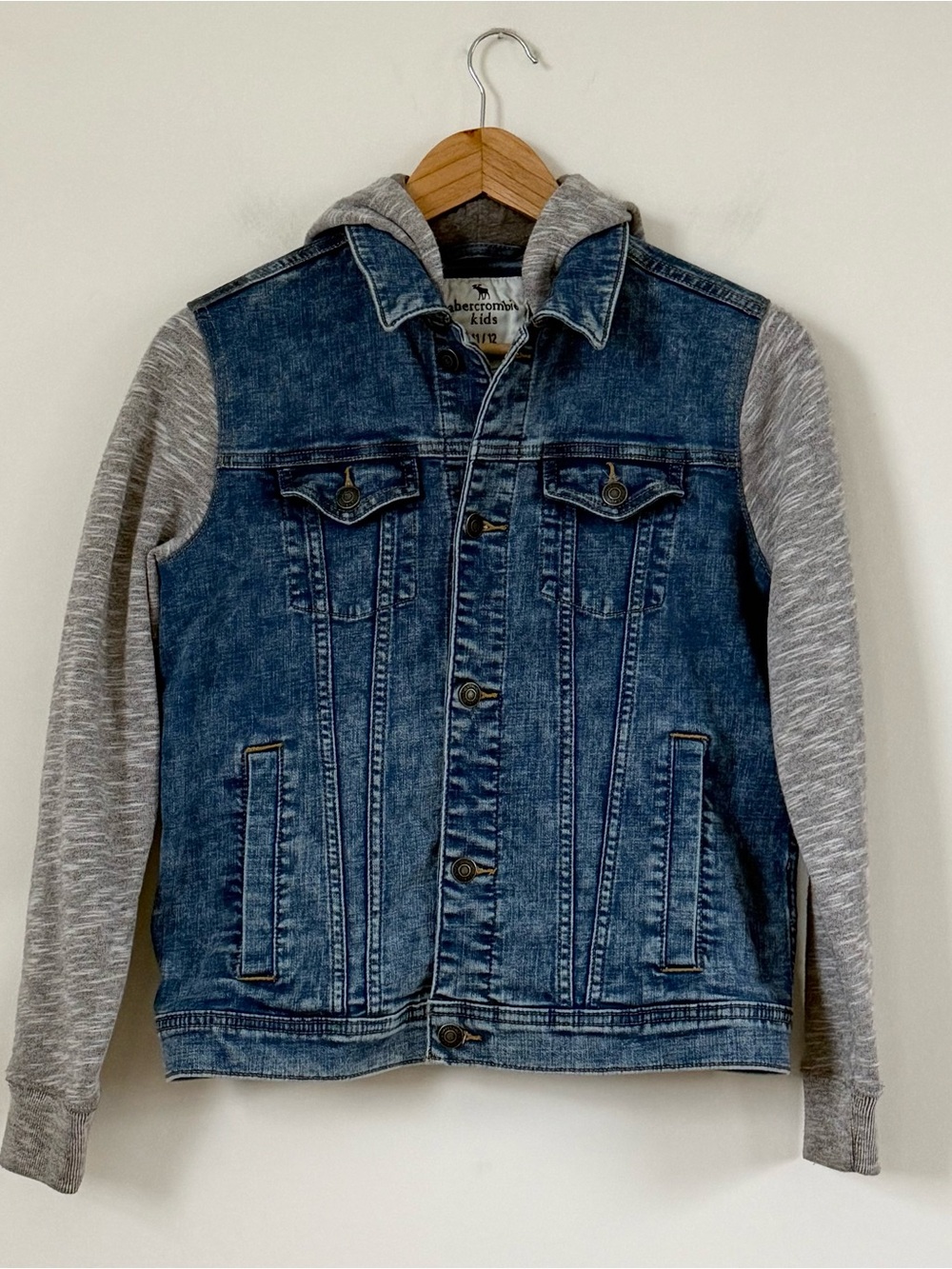 Abercrombie Kids Hooded Denim Jacket | Size 11/12 Grey Sleeves Streetwear